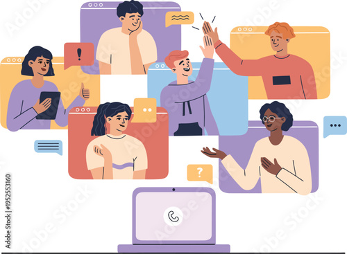 Online team meeting collage: diverse people in conference, remote collaboration, virtual teamwork, distance communication