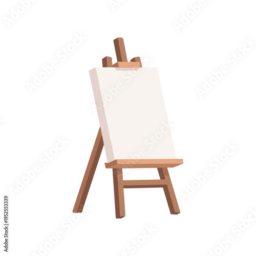 A wooden easel with a blank white canvas on a white background