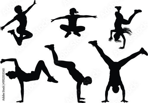 Breakdance and street dance silhouettes collection with dynamic jumping and handstand poses, energetic youth performing hip hop moves isolated on white background for design
