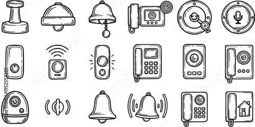 Black and White Line Art Home Security  Communication Technology Icons Set: Doorbells, Intercoms, Telephones, and Smart Home Devices