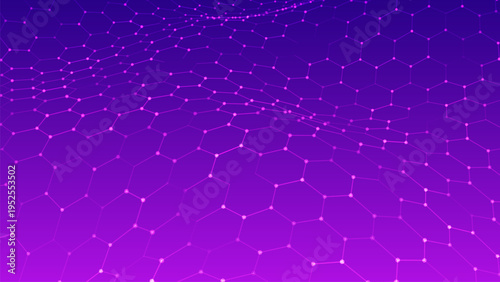 A vibrant hexagonal grid gently curves like a living digital fabric. A futuristic hexagonal background. Glowing nodes are connected by lines, forming a honeycomb structure.