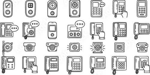 Technology Communication  Security Devices Line Art Icons. Outline Set of Smart Home Intercoms, Doorbells, Telephones, and Surveillance Cameras.