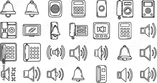 Technology and Communication Outline Icons Set: Featuring Bells, Phones, Speakers, Keypads, and Sound Controls in Black White Line Art Style
