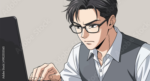 Anime Businessman with Glasses Working on Laptop Vector Illustration Wearing Vest and Shirt with Serious Expression