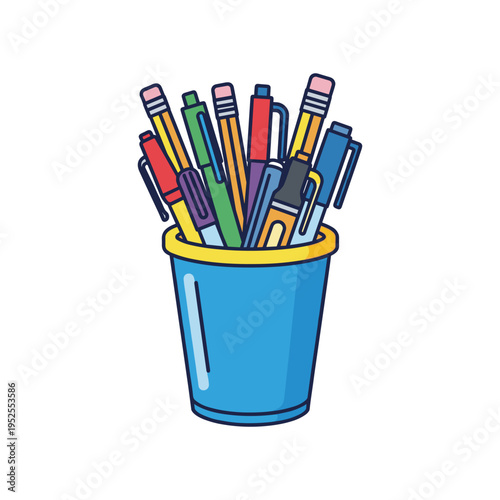 A blue cup filled with colorful pens and pencils