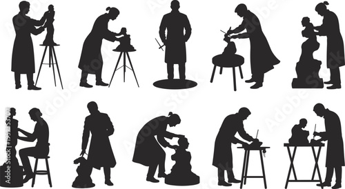 Sculptor artist silhouettes creating statues in workshop, craftsmen carving human figures on stands, creative process concept isolated on white background for design use