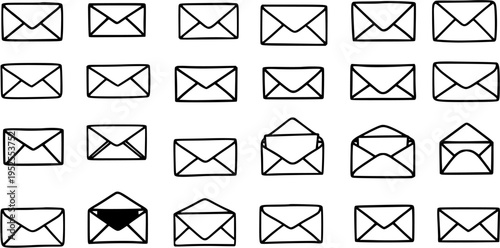 Black and White Line Art Icons of Various Envelope Styles, Communication and Mail Concept