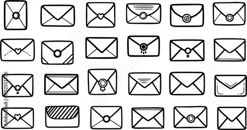 Hand-drawn Black and White Line Art Communication Envelopes Icon Set. Doodle Mail and Messaging Symbols for Business, Office, and Digital Media.