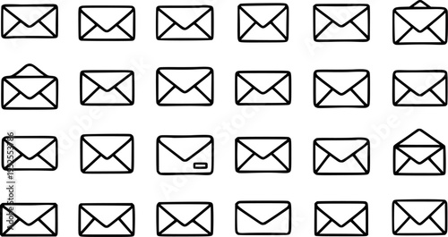 Technology  Communication Mail Icons: Hand-Drawn Black  White Line Art Set of Email, Envelope, and Message Symbols for Digital Interface and Office Design