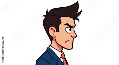 Cartoon Businessman Side Profile Vector Illustration with Brown Hair Wearing Blue Suit and Red Tie with Serious Expression