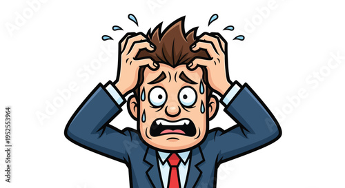 Cartoon Stressed Businessman Pulling Hair Vector Illustration with Panic Expression Sweating in Blue Suit and Red Tie on White Background