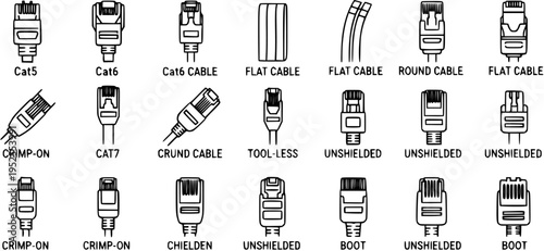 Black and White Line Art Vector Illustration of Various Ethernet Cable Connectors and Types