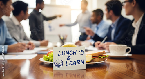 Handwritten lunch and learn note on rustic wooden office meeting table with blurred professional team collaborating in background during corporate training workshop seminar session development.