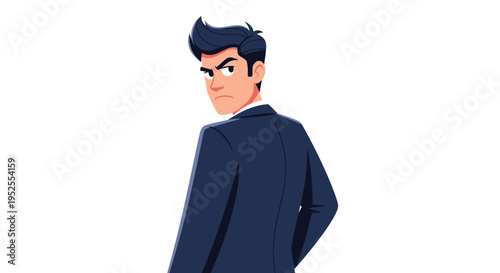 Cartoon Businessman Looking Back Over Shoulder Vector Illustration with Serious Expression Wearing Navy Blue Suit on White Background