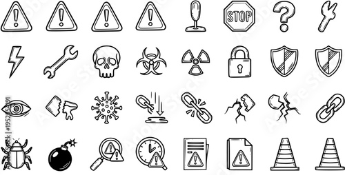 Black and White Line Art Icons for Danger and Warning: Stop Sign, Skull, Bug, Bomb, Radiation, Lock, Shield, Eye, Virus, Link