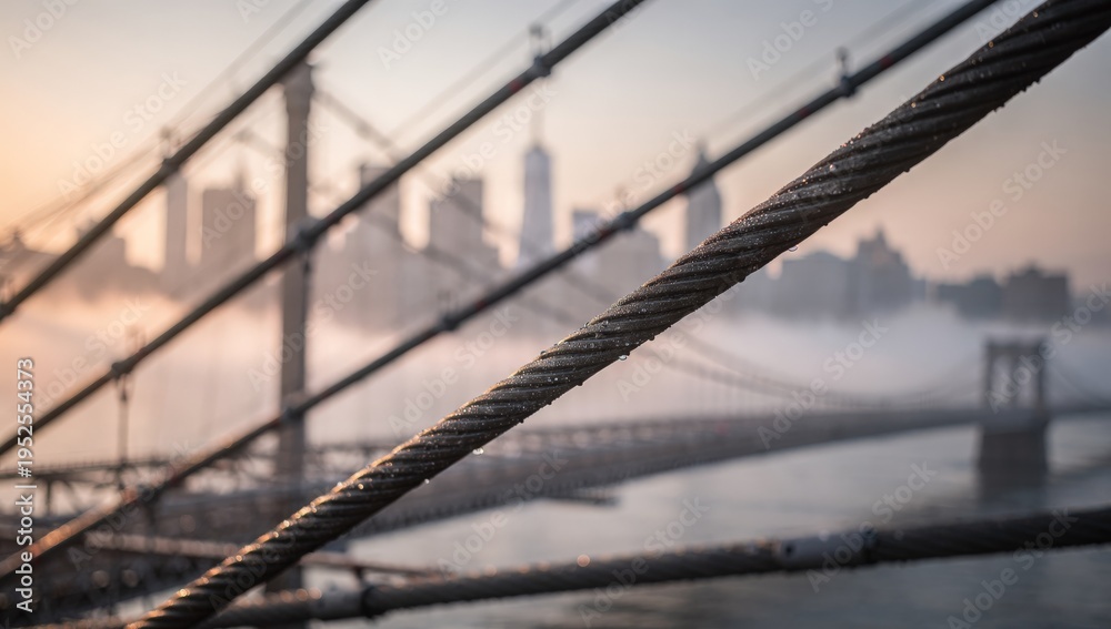 Fototapeta premium Blurred Cityscape With Steel Strands, Steel Bridge Cables Sharply In Focus With Misty Skyline Behind, Detailed Closeup Of Steel Bridge Cables With Hazy Cityscape And Gentle Bokeh Effect