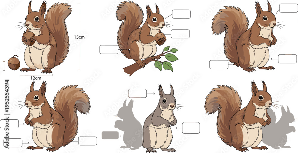 Fototapeta premium Squirrel anatomy measurement illustration with labeled parts size comparison realistic woodland animal vector educational set