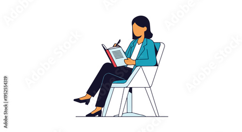 A professionally dressed woman sits in a modern chair, engrossed in reading a book while simultaneously taking notes.