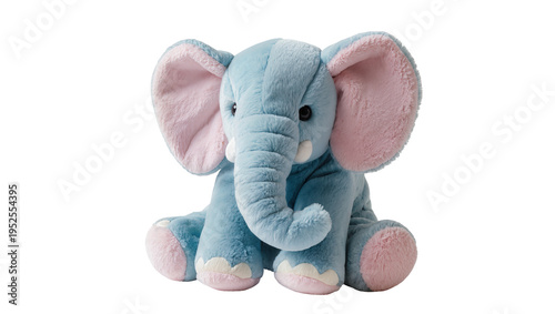 Tableau sur toile Isolated cute blue and pink plush elephant toy sitting with large ears, soft and
