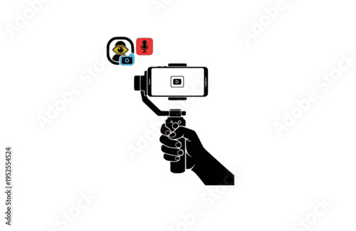 Hand Holding Smartphone on Gimbal Gimbal Silhouette, Vlogger First Person Vector Sticker, Content Creator Action Icon Illustration