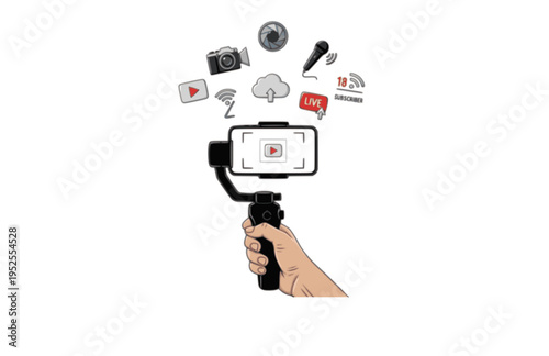 Hand Holding Smartphone on Gimbal Gimbal Silhouette, Vlogger First Person Vector Sticker, Content Creator Action Icon Illustration