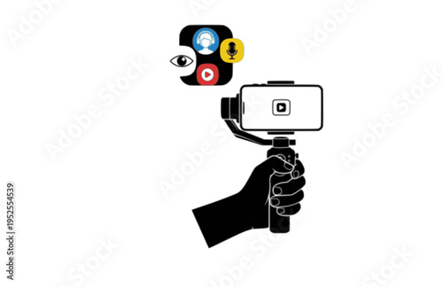 Hand Holding Smartphone on Gimbal Gimbal Silhouette, Vlogger First Person Vector Sticker, Content Creator Action Icon Illustration
