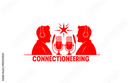 Two People Podcasting on Microphones Silhouette, Connectioneering Media Star Vector Sticker, Digital Talk Show and Discussion Icon