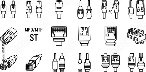 Technology Networking Cable Connectors Line Art Icons Set. Fiber Optic (MPO, MTP, ST, FC) and Ethernet Plugs, Jacks, and Adapters for Telecommunications and Data Communication.