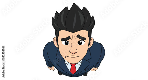 Cartoon Businessman Looking Up with Unhappy Expression Vector Illustration Top View Wearing Blue Suit and Red Tie on White Background