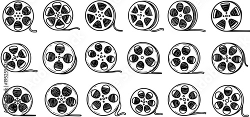 Hand-drawn Black  White Line Art Film Reels Set for Cinema, Movie, and Entertainment Industry Graphics Vector Collection