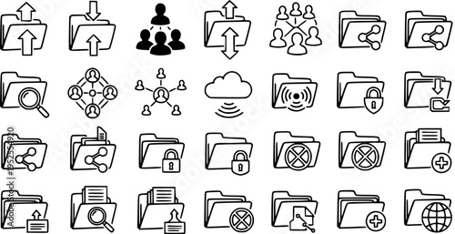 Technology Data Management Line Art Icons. Black  White Outline Folder, File, Cloud, and Network Symbols for Business, IT, and Digital Concepts.