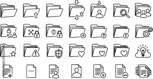 Technology Folder and Document Line Art Icons Set. Outline Symbols for Data Management, File Organization, Security, and Digital Information Systems.