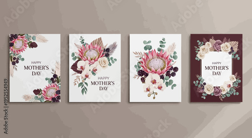 Elegant Happy Mother's Day Greeting Card Set with Protea, Orchid, and Eucalyptus Floral Arrangements; Sophisticated Botanical Illustration Collection