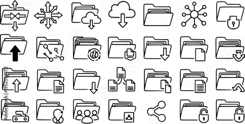 Technology Icons: Folder Set with Cloud, Lock, Network, Upload, Download, Share Icons in Line Art Style