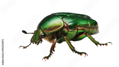 Canvastavla Isolated vibrant metallic green scarab beetle, detailed macro studio shot of beautiful bug
