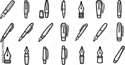 Black and White Line Art Icons of Various Fountain Pens and Nibs for Stationery and Writing
