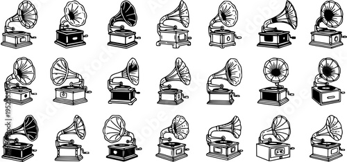 Vintage Music Gramophone and Phonograph Black and White Line Art Icons Set - Hand-drawn Retro Record Player Illustrations Collection