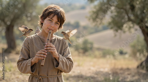 Young boy playing a wooden flute with small birds fluttering on his shoulders. Biblical times shepherd character in a rural landscape with olive trees. Ancient historical religion concept