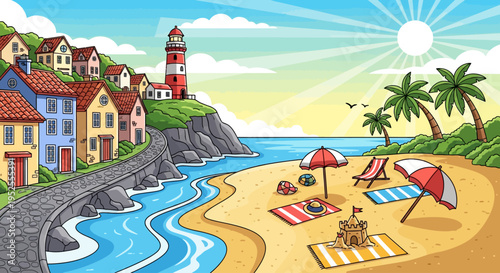 A cartoon beach scene with a lighthouse.