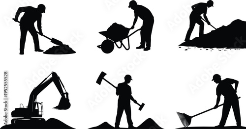 Construction workers silhouettes set, manual labor activities with tools and heavy equipment, industrial work scene, building site vector illustration isolated on background