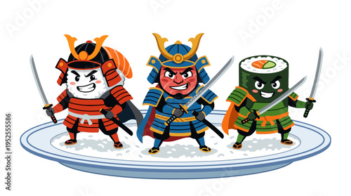 Three cartoon samurai sushi characters standing on a plate holding swords with a white background, representing Japanese cuisine and warrior culture