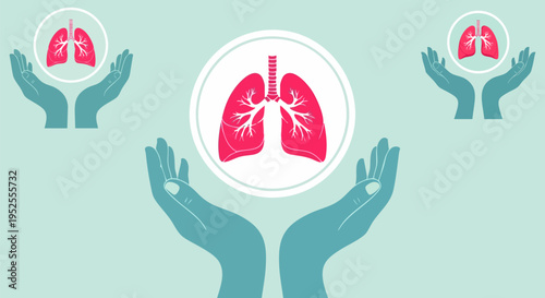 Human Lungs Organ Care and Health Protection Concept Vector Illustration with Hands Holding Pink Lungs in Circles on Light Blue Background