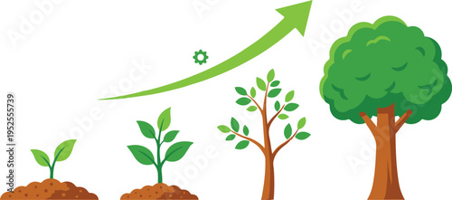 Flat vector illustration showing stages of plant growth from seedling to mature tree with an upward arrow indicating progress and development.
