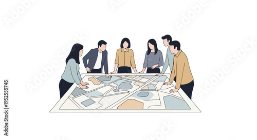Photos A diverse group of six professionals stands around a large table examining a complex map, engaged in collaborative urban planning or strategy discussion