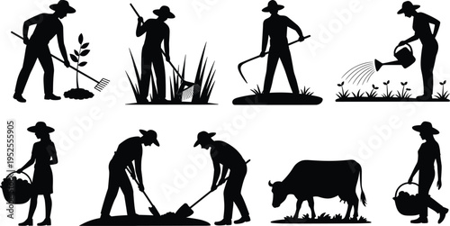 Farmers silhouette collection showing agriculture activities, rural workers planting digging watering harvesting with tools and livestock, countryside farming vector illustration isolated background
