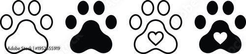 A set of four different paw prints with hearts