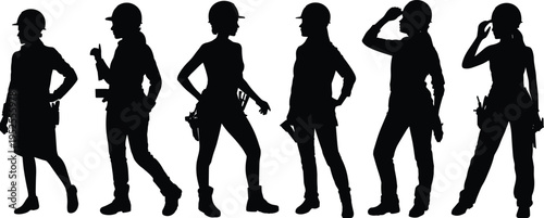 Female construction worker silhouettes collection with tools and safety helmets, confident women industrial labor poses vector illustration isolated on white background