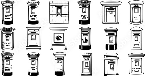 Postal Service Black  White Line Art Icons. Collection of Various British Post Boxes, Pillar Boxes, and Letterboxes. Vector Outline for Mail and Communication Design.