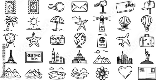 Hand Drawn Travel and Tourism Icons Set. Black  White Line Art Doodles for Vacation, Holiday, and Adventure Global Destination Symbols.