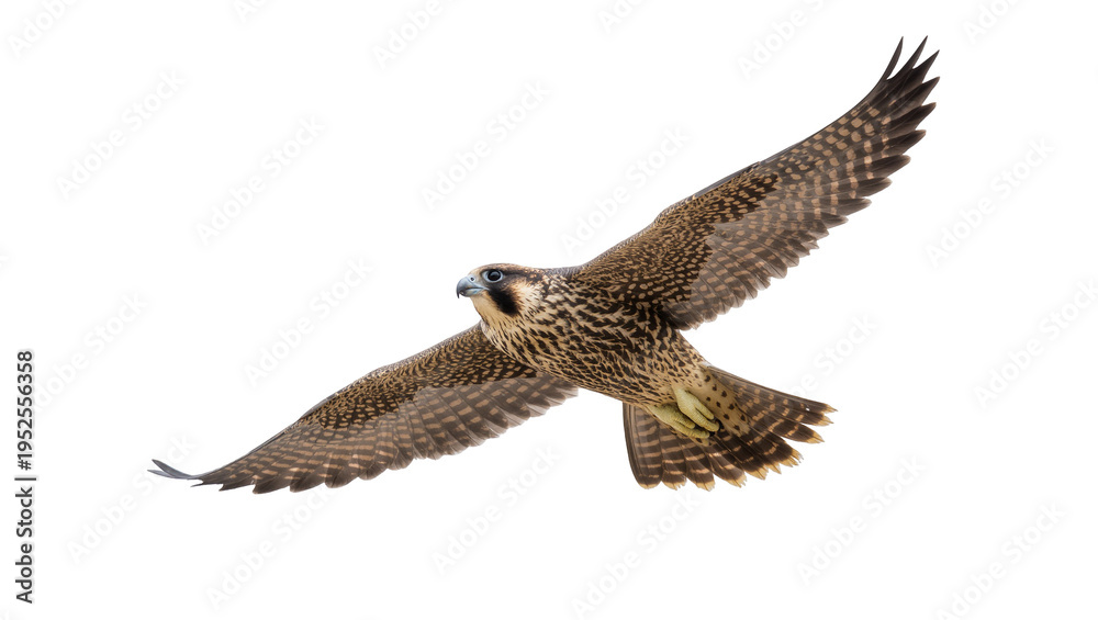 Fototapeta premium Isolated falcon with powerful wings spread wide in elegant flight, a wild bird of prey soaring freely